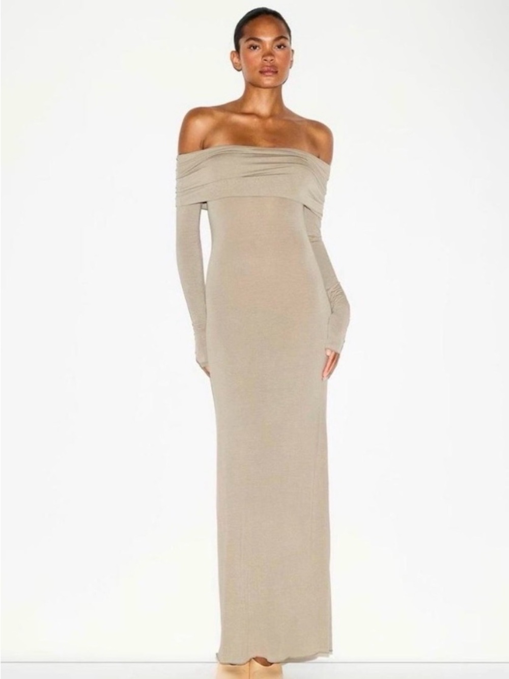 SKIMS Off‑Shoulder Long Sleeve Maxi Dress in Taupe Beige